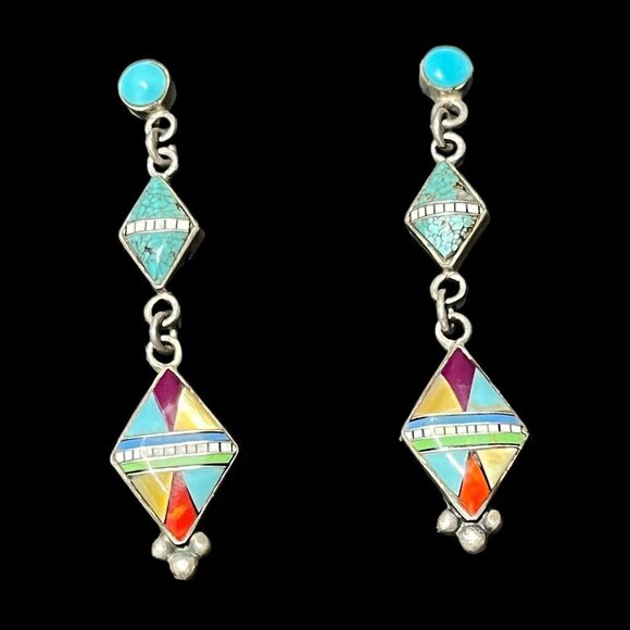 Navajo Sally Yazzie Signed Multi-Colored Inlay Dangle Sterling Silver Earrings